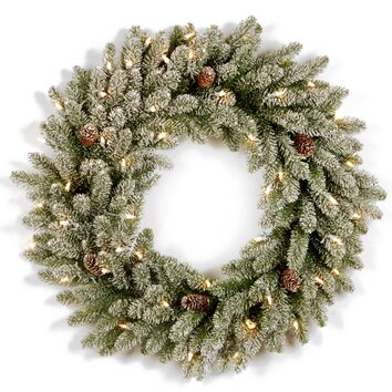 Snowy Concolor Fir Pre Lit Wreath with 100 Clear Lights