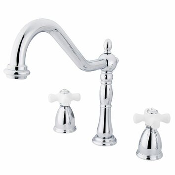 Heritage Double Handle Widespread Kitchen Faucet with Porcelain Cross