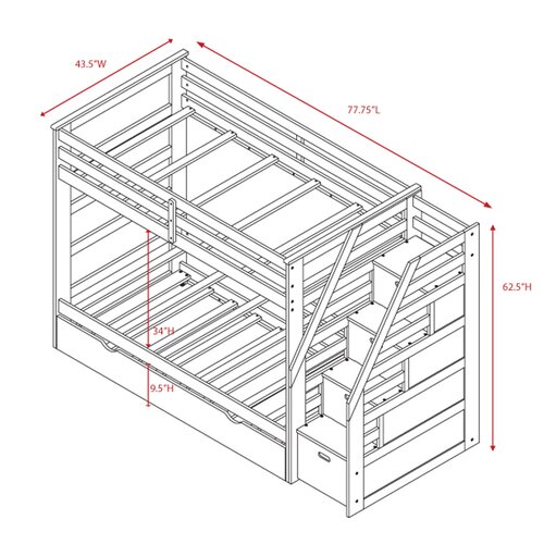 Twin Over Twin Standard Bunk Bed with Trundle and Storage Step by