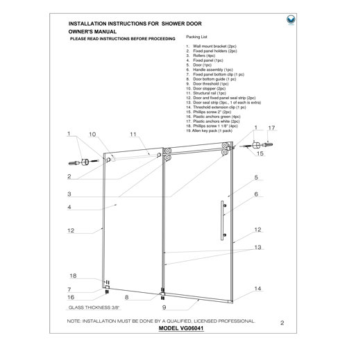 Vigo Elan 74" x 52" Frameless Shower Door 0.375" Clear Glass & Reviews