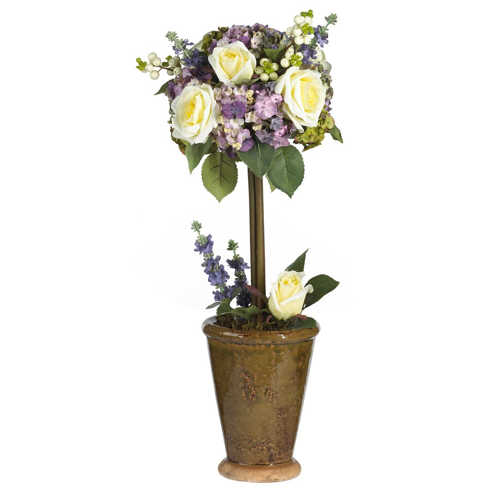 Hydrangea Rose Silk Flower Arrangement Topiary in Planter | Wayfair