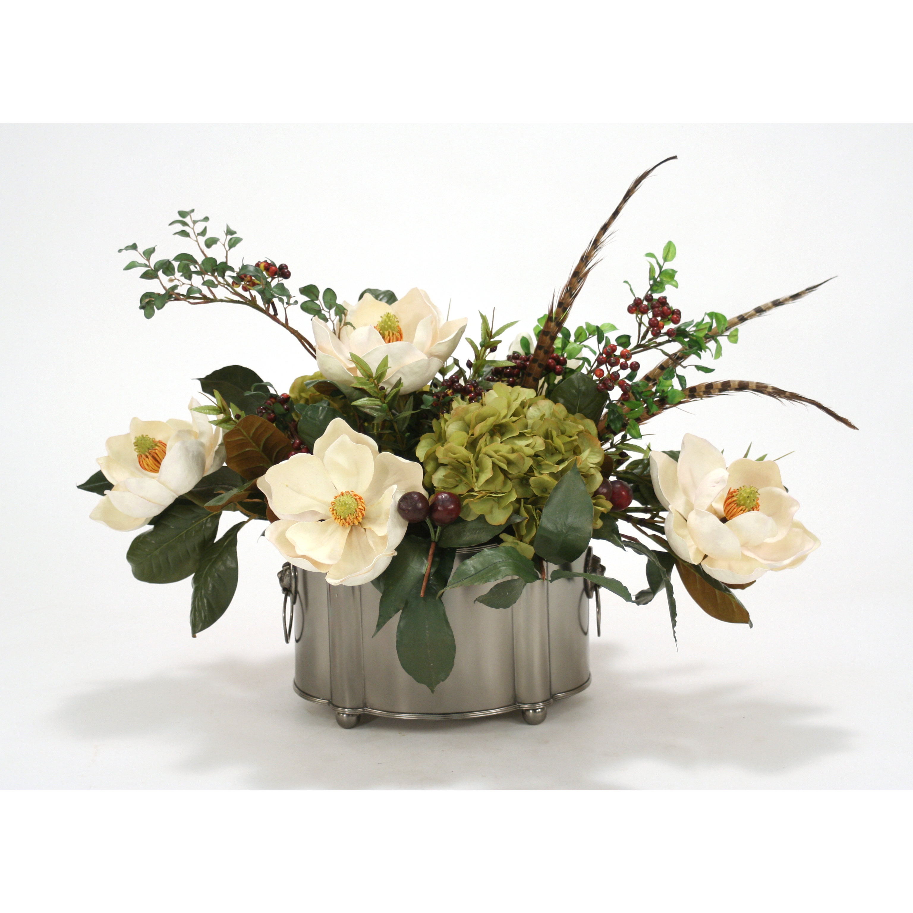 Silk Magnolias, Hydrangeas, Berries and Feathers in Pewter Oval Planter