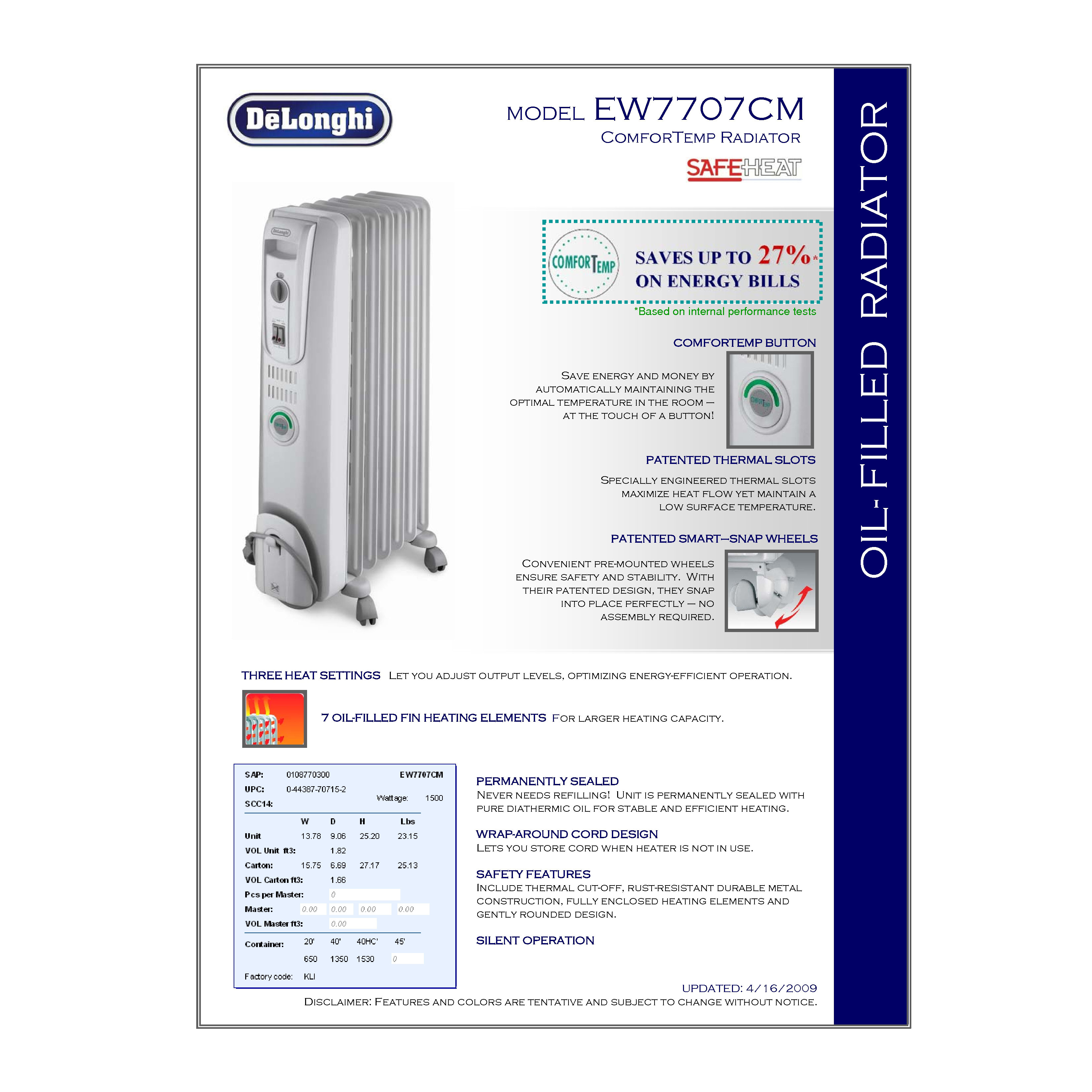 DeLonghi Safeheat 1500W ComforTemp Portable OilFilled Radiator