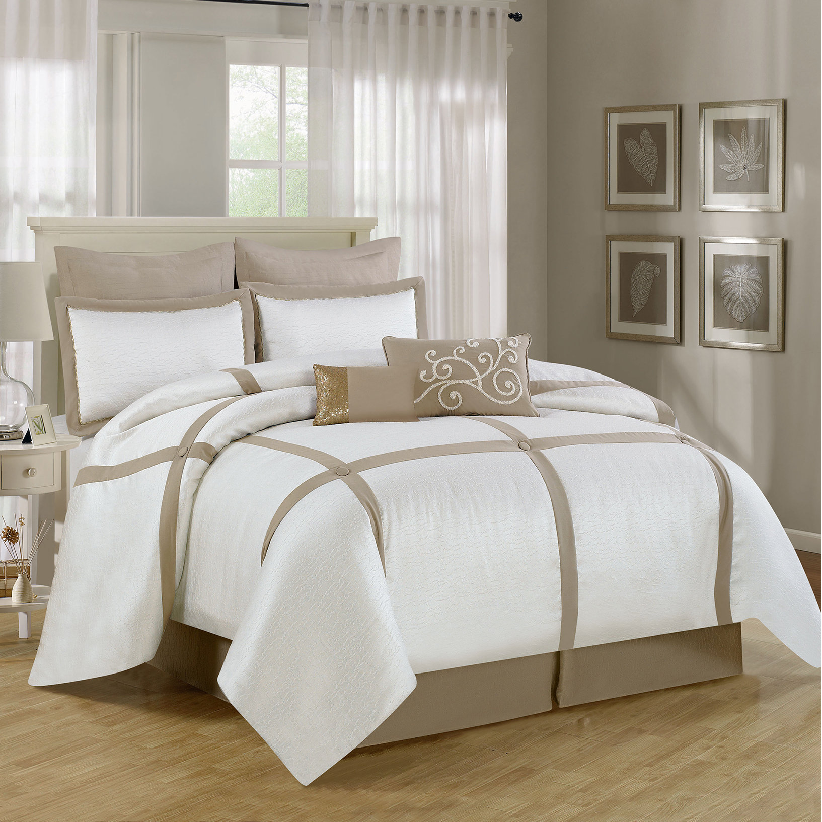 Luxury Home Symphony 8 Piece Comforter Set in Beige & White & Reviews