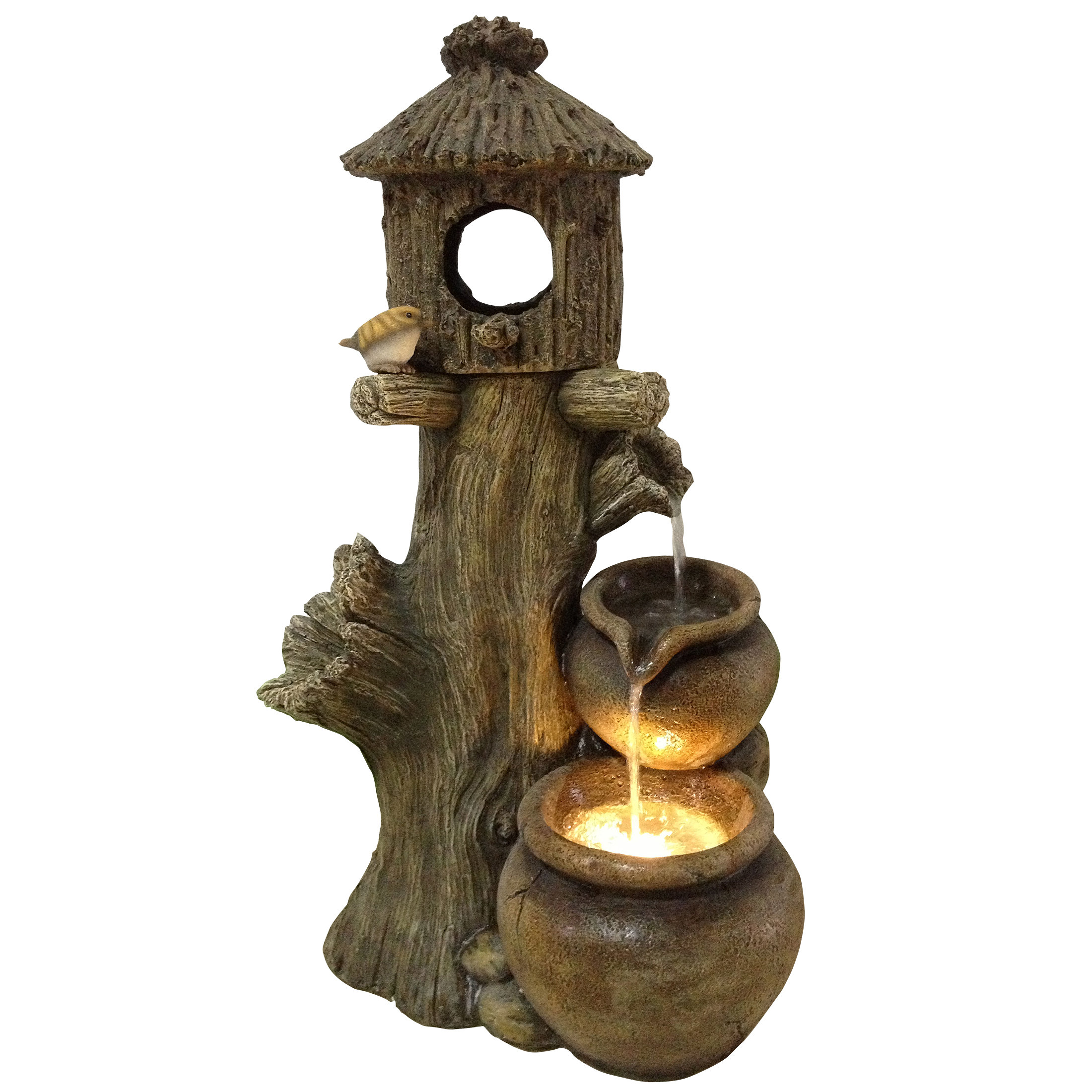 Alpine Polyresin and Fiberglass Tiered Pot Fountain with Birdhouse & Light & Reviews Wayfair