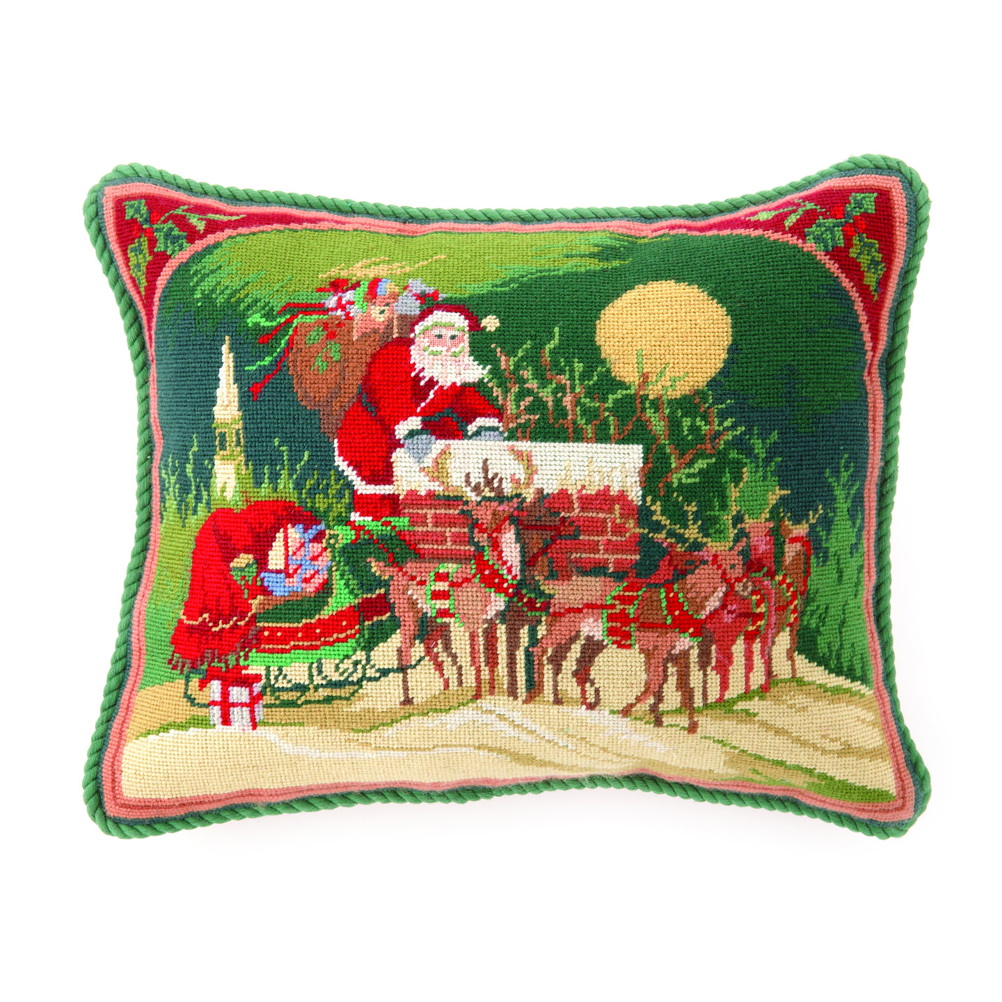 Peking Handicraft Hook Santa Riding Reindeer Needlepoint Wool Throw