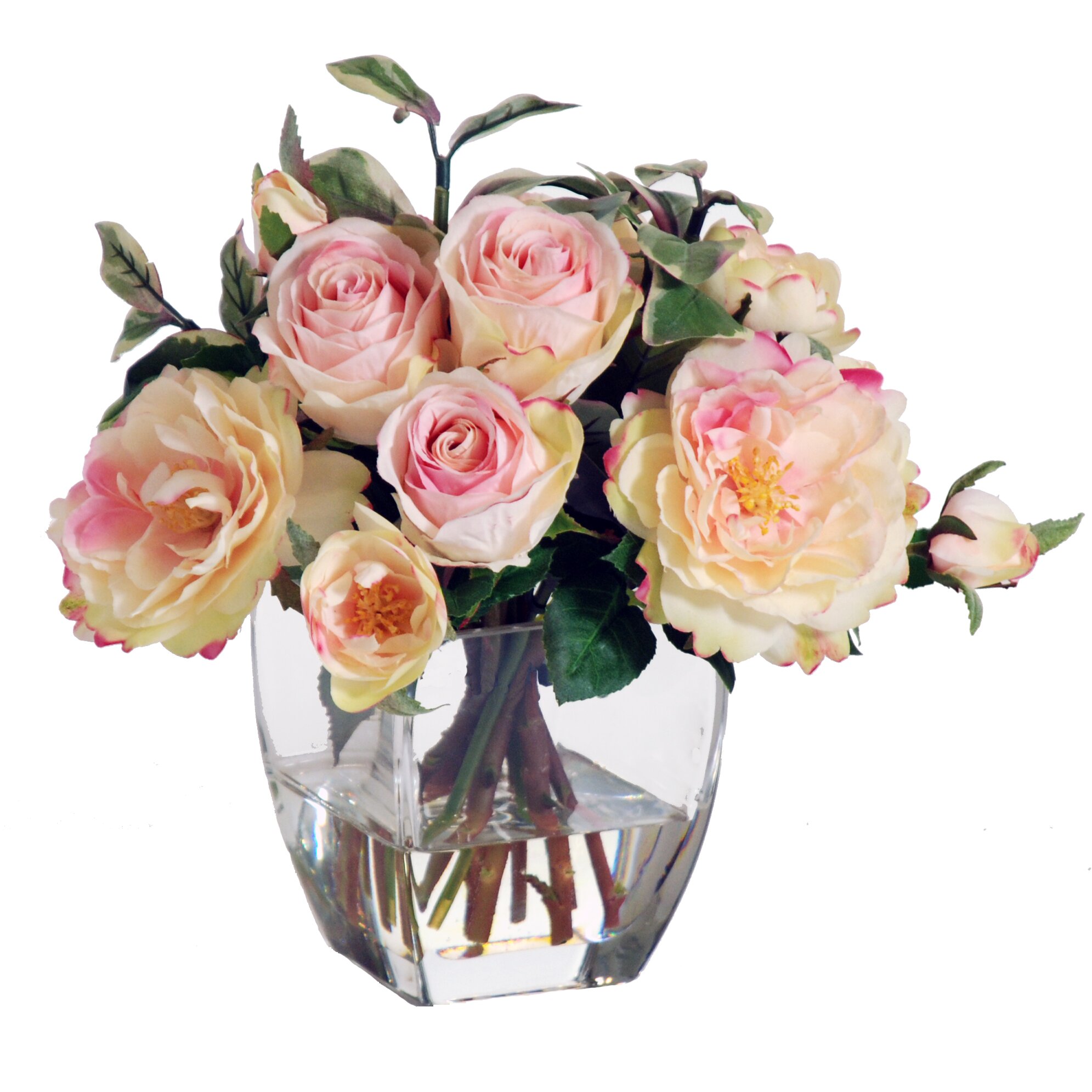 Jane Seymour Botanicals Pink And Cream Rose Buds In Square Nouveau Glass