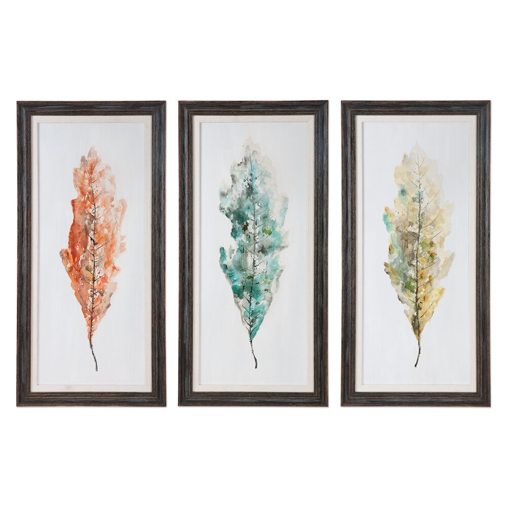 Tricolor Leaves Abstract Art 3 Piece Framed Original Painting Set by