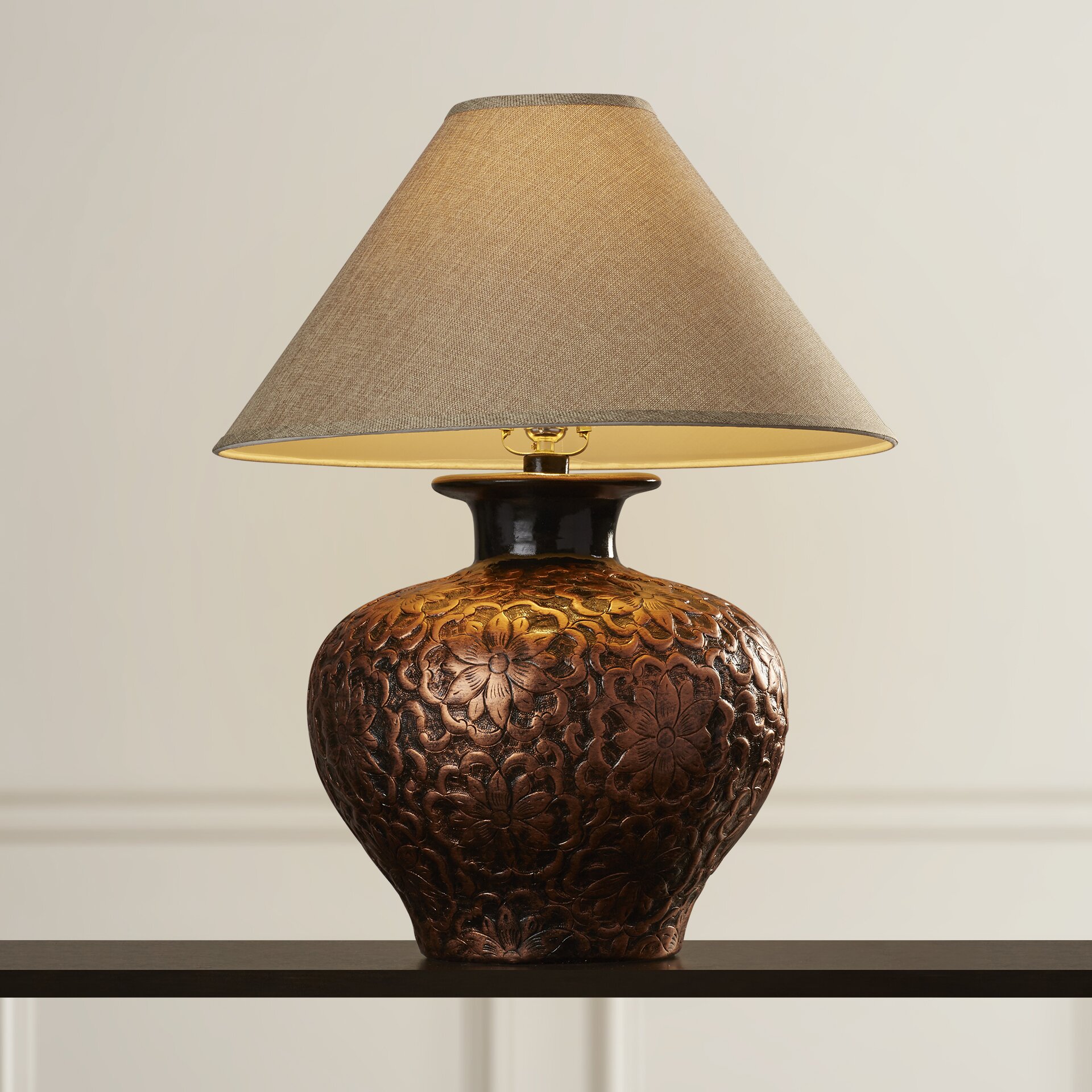 Brass Copper Lamp Empire Shade Raised Design 26" Bedroom Living Room