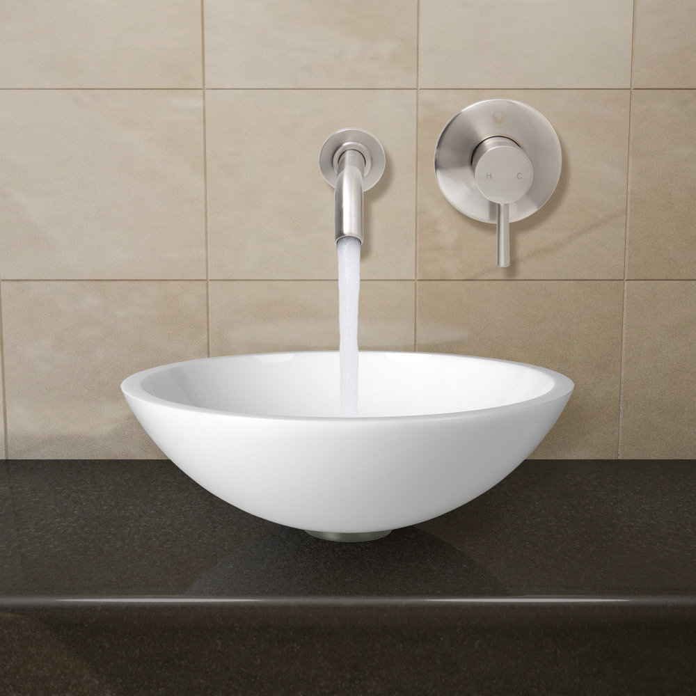 Flat Edged White Phoenix Stone Vessel Sink and Olus Wall Mount Faucet