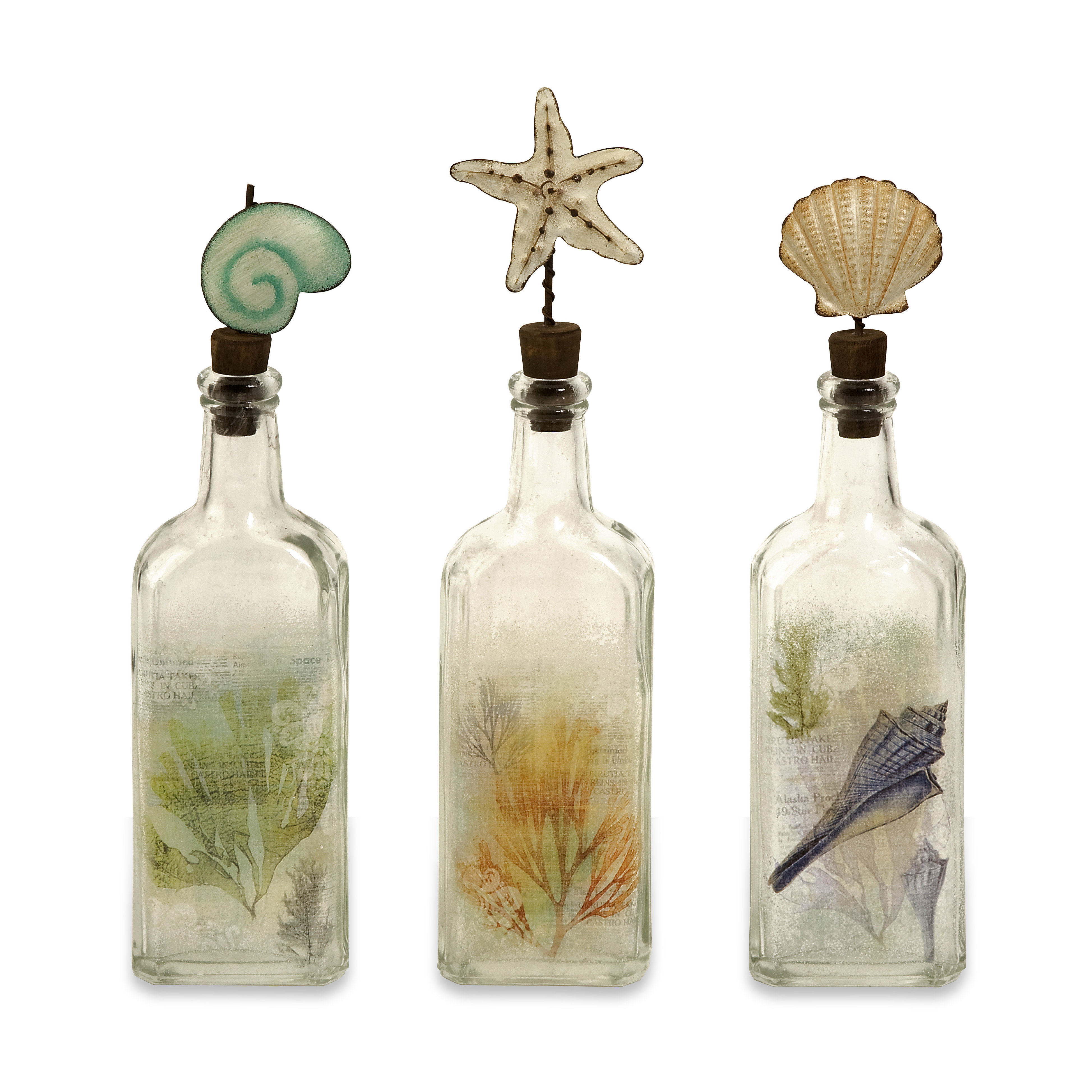 Beachcrest Home Gadsden 3 Piece Coastal Glass Decorative Bottle Set