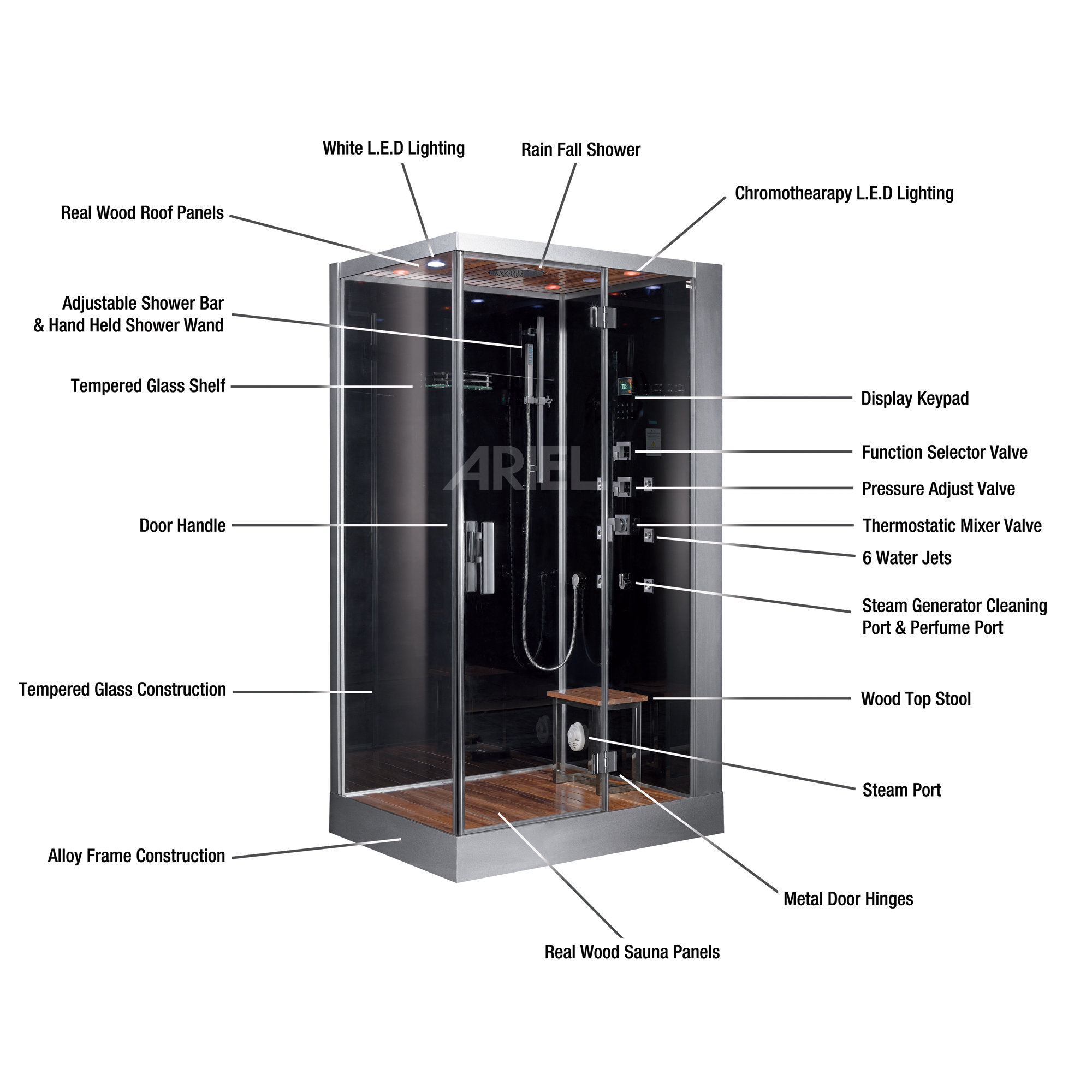 Ariel Bath Platinum 47" x 35.4" x 89" Pivot Door Steam Shower with